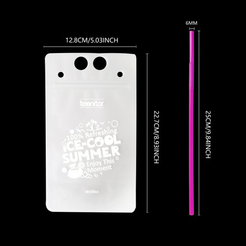 Teenitor 100 Drink Pouches Bags with 100 Disposable Plastic Straws, Smoothies Protein Shakes Juices Stand up Container Non-Toxic16oz