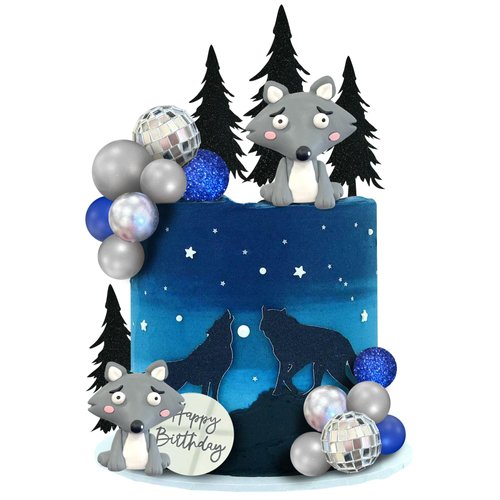 23 PCS Wolf Cake Topper Black Tree Cake Decoration with Soft Clay Wolf for Baby Shower Wolf Themed Wedding Birthday Party Supplies