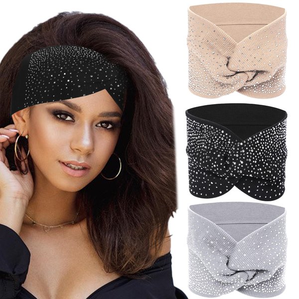 Sliverdew Head Wraps for Black Women,3 Pcs Sparkly Headbands Crystal Wide Headbands Bling Fancy Headbands Sparkle Head Scarf Turban Headband Stretchy Hair Bands African Elastic Hair Accessories