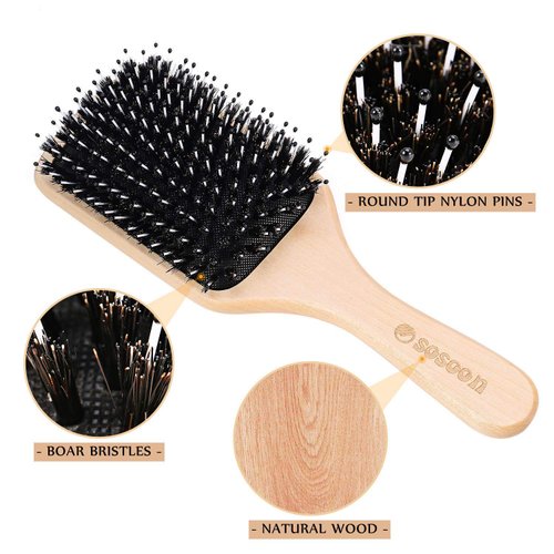 Hair Brush, 2 Pack Boar Bristle Paddle Hairbrush for Women Men Kids Reducing Frizzy, No More Tangle, Small Travel Brush Tail Comb & Giftbox Included
