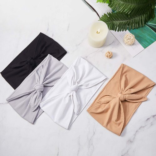 Syhood 4 Pieces Ribbed Headband Ribbed Stretch Bandie Stretchy Hairband Soft Head Wrap Turban Headband Boho Hair Band for Women Girls Hair Accessories, 4 Colors (Black, White, Brown, Light Gray)