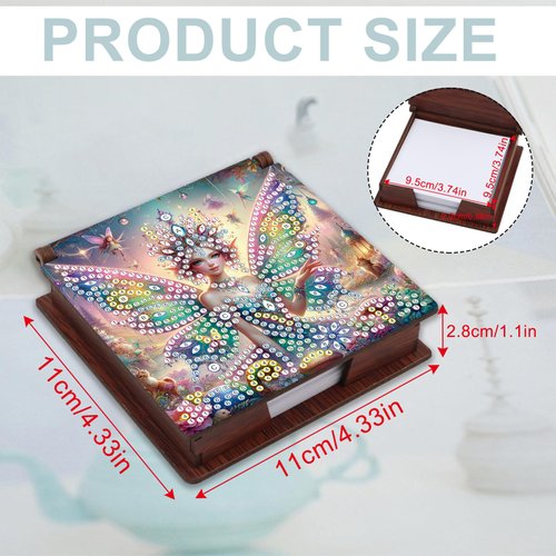 JZHYOAN Reusable Portable Diamond Note Storage Box, 4.33x4.33x1.1 Inch Diamond Art Painting Wooden Message Paper Storage Note Box Suitable for Office, Study -Butterfly Fairy