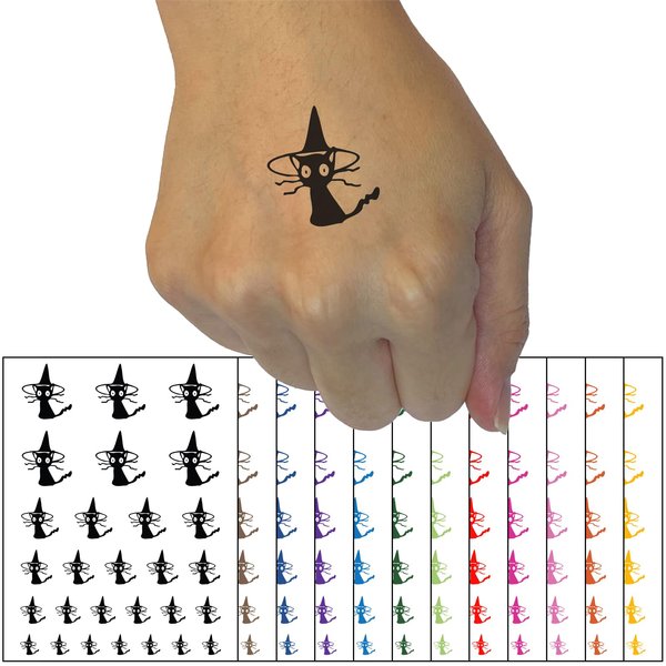 Spooked Cat in Witch Hat Halloween Temporary Tattoo Water Resistant Fake Body Art Set Collection - Orange (One Sheet)