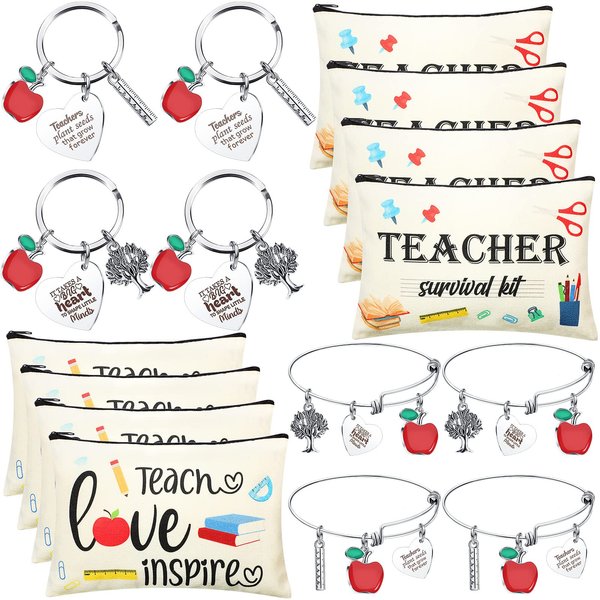Highergo 16 Pcs Teacher Appreciation Gift Set, 8 Makeup Bag, 4 Keychains, 4 Bracelets for Christmas Teacher's Day Graduation (Classic Style)