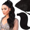 Hair Extensions Clip in Ponytail Human Hair Extensions Natural Black 16 Inch 80g Wrap Around Ponytail Hair Extensions with Magic Paste Pony Tail Hair Extensions Hairpieces for Girls