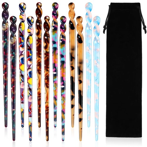 12 Pieces Acetate Hair Sticks Hair Chopsticks Tortoise Shell Hairpin Leopard Print Shell Hair Pins Vintage Chinese Hair Chopstick Hair Styling Accessories for Women Girls Bun, 6 Style (Vivid Pattern)