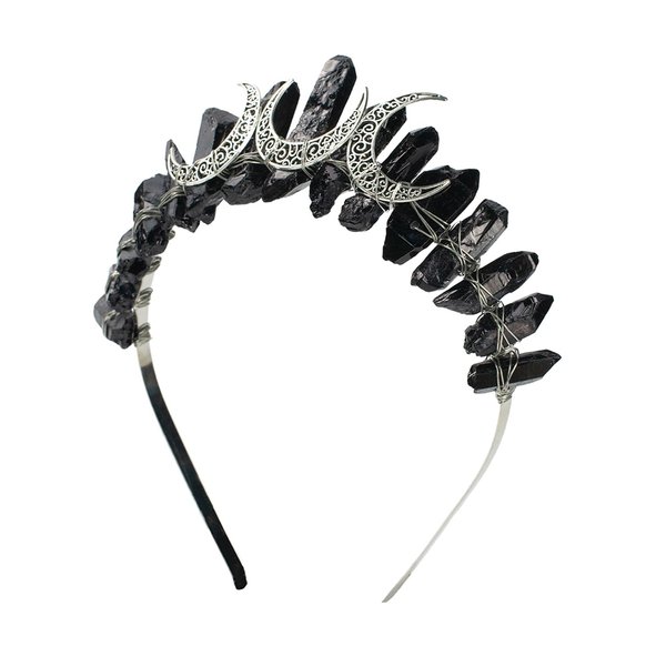 Poememgi Black Natural Crystal Tiara Headband, Quartz Rhinestone Crown Goddess Halloween Masquerade Party Headwear for Women Girls
