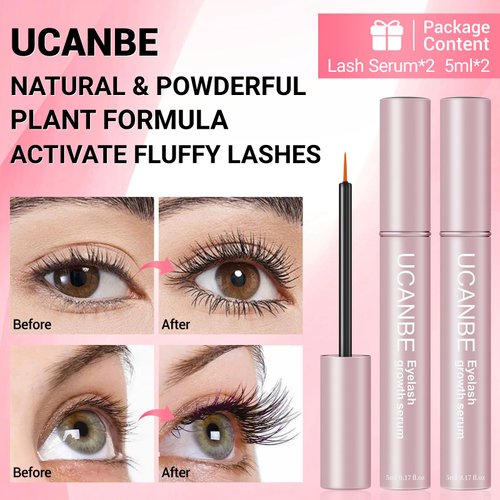UCANBE 2Pcs Lash Serum(10ml), Eyelash Serum for Longer, Thicker Eyelashes and Eyebrows, Eyelash Growth Serum, Lash Enhancing Serum to Grow Fuller Healthier Stronger Eye Lashes & Brows
