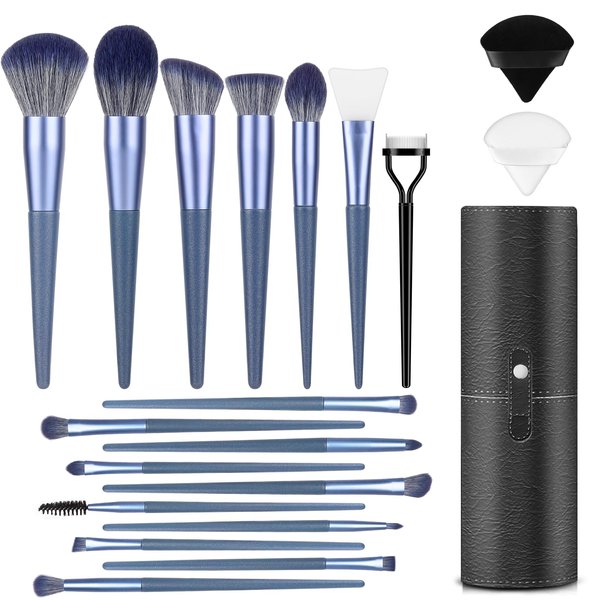 Makeup Brush Set, 17PCs Makeup Brushes with Foundation Eyebrow Blending Concealer Blush Eyeshadow Contour Lash Powder Brush, Make Up Brushes Kit with Organizer Travel Case (Medium, Blue)