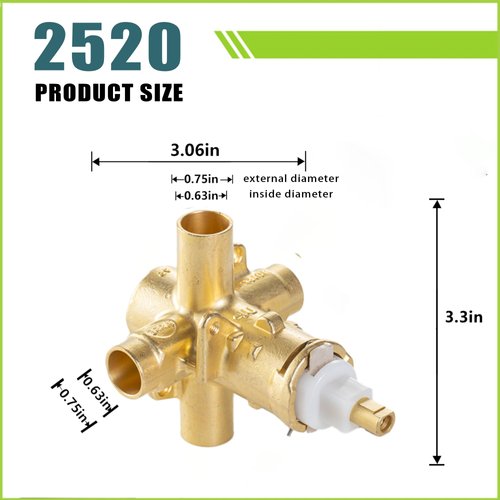 Universal 2520 Shower Valve Kit - Brass Pressure-Balancing Valve and Cartridge, Rough-In for Tub and Shower, Compatible with 1222, 1225, 1200 Cartridges - 1/2-Inch CC Connections, Durable Brass