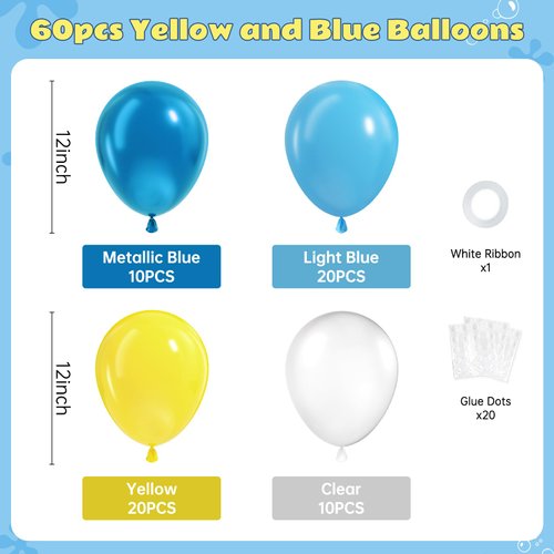 61pcs Blue and Yellow Balloons, 12 Inch Clear Yellow Blue Balloons for Cartoon Theme Baby Shower Engagement Wedding Birthday Party Decorations