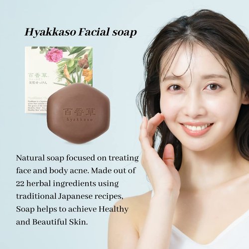 Hyakkaso JAPAN - Herbs & Minerals Facial Soap 80g 2.8Oz , with sample trial size Hyaluronic Acid Facial Toner 30ml & Hyaluronic Acid & Herbs Serum 4ml , Daily Cleansing and Acne Care, All Skin Types