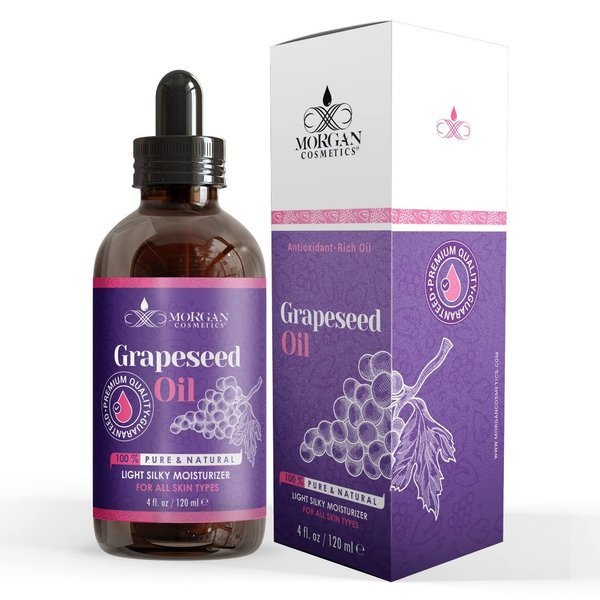 Morgan Cosmetics 100% Pure Organic Grapeseed Oil for Skin - Cold Pressed Grapeseed Oil for Hair Scalp Moisturizer - Dry Hair Oil - Body Oil for Dry Skin - Dry Scalp Treatment for Women (4 FL. Oz)