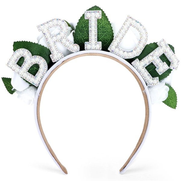 Wecoe Bride Headband Bachelorette Party Favors White Rose Flower Headband Floral Crown Tiaras For Women Bridal Shower Favors Engagement Bachelor Party Gifts Wedding Bride Accessories