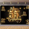Happy 55th Birthday Backdrop Banner Step and Repeat 55 Years Old Background Decorations for Women Men Her Him Photography Party Supplies Glitter Black Gold