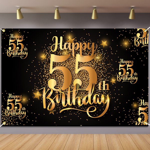 Happy 55th Birthday Backdrop Banner Step and Repeat 55 Years Old Background Decorations for Women Men Her Him Photography Party Supplies Glitter Black Gold