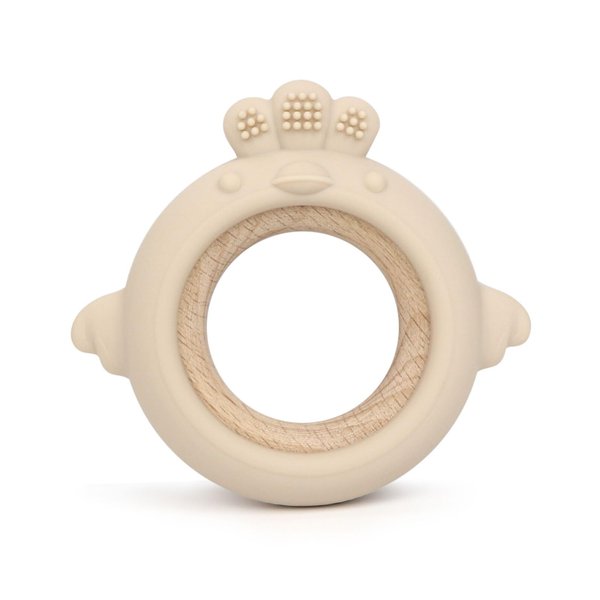 Arudyo Baby Teething Toys Silicone Teethers with Wooden Ring Baby Teether Sensory Toys (Chick Beige)
