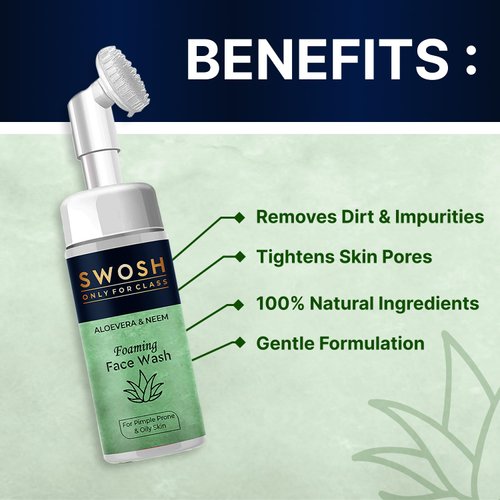SWOSH Aloe Vera & Neem Foaming Face Wash For Pimple Prone & Oily Skin- No Parabens, Sulphate, Silicones & Color (with Built-in Face Brush), 100 ml/ 3.38 fl oz