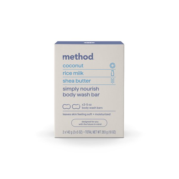 Method Bar Soap, Simply Nourish, Coconut, Rice Milk + Shea Butter notes, Plastic Free, 2 bars, 5oz each