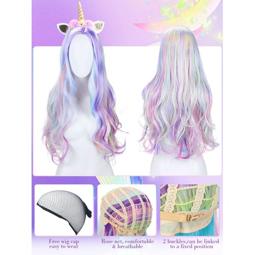 Janinka 3 Pcs Halloween Unicorn Wig Mermaid Face Jewels Set Long Curly Wavy Rainbow Hair Wig Unicorn Party Supplies Rhinestones Eyes Gems Stickers for Cosplay Music Festival, Theme Parties