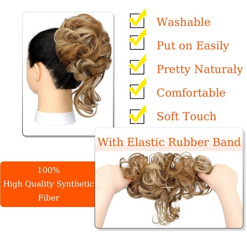 Qunlinta Messy Bun Hair Piece, Long Wavy Tousled Updo Hair Bun Extensions Wavy Hair Wrap Ponytail Hairpieces Hair Scrunchies with Elastic Hair Band for Women Girls -Ash blonde mix Ginger Brown