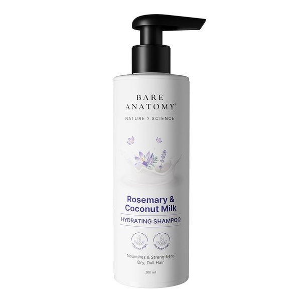 Bare Anatomy Nature x Science Rosemary & Coconut Milk Hydrating Shampoo | Rosemary shampoo for frizzy, dull & dry hair | SLS & Paraben Free | Mild Shampoo for daily use | Shampoo for Women & Men 200mL