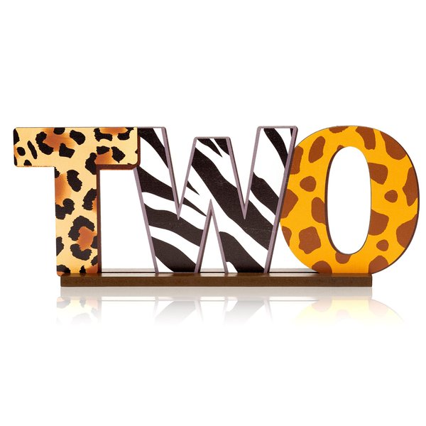Jungle Safari Animal Two Letter Sign Table Wooden Centerpieces for Baby Shower Leopard Zebra Giraffe Print Birthday Party Decorations, Safari Animal Print Two Years Old Toddler Boy Girls Supplies
