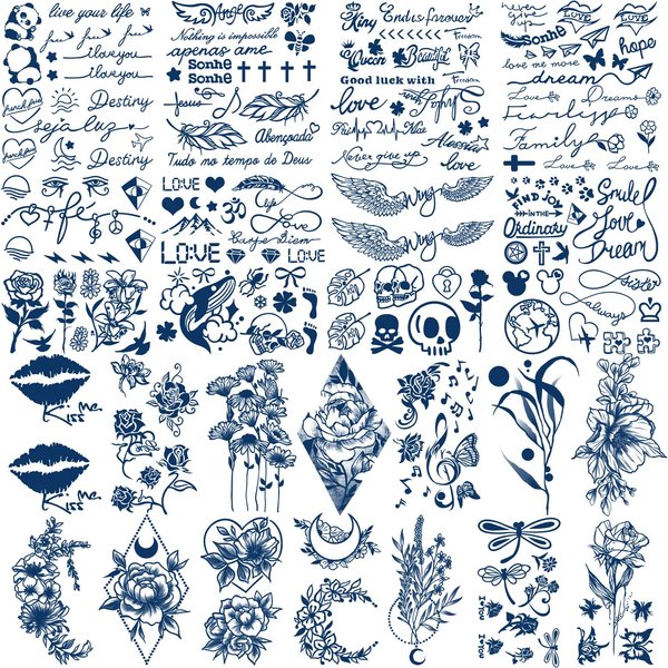 30 Sheets Semi-Permanent Tattoos for Women Inspirational Words Tattoo stickers, Wild Flower Floral Rose Sunflower Bouquet Body Dark Blue Fake Tattoos for Adult Men Kids, Lasting 1-2weeks Tiny Tattoo Stickers (Dragonfly)