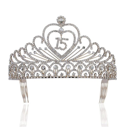 Janefashions Quinceanera Sweet 15 Fifteen 15th Birthday Party coronas de quinceañeras Clear White Austrian Rhinestone Tiara Crown with Hair Combs Princess Gold Silver T1756 (Gold With Combs)