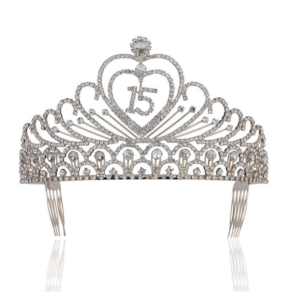 Janefashions Quinceanera Sweet 15 Fifteen 15th Birthday Party coronas de quinceañeras Clear White Austrian Rhinestone Tiara Crown with Hair Combs Princess Gold Silver T1756 (Gold With Combs)