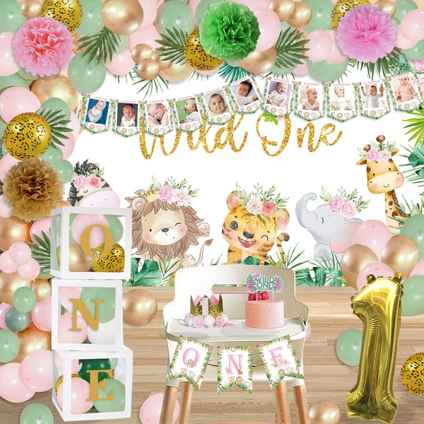 Wild One Birthday Decorations Girl,Safari Jungle Theme Girl First Birthday Decoration,Jungle Safari Animal 1st Birthday Party Supplies,One Balloon Boxes,High Chair Banner,Backdrop,Balloons