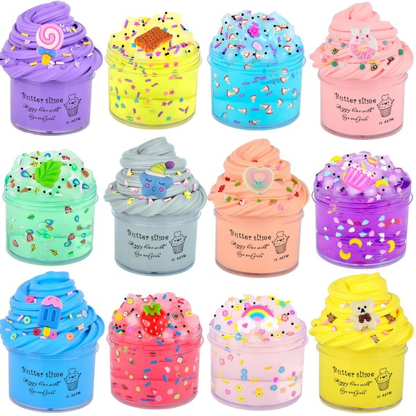 Slime Kit 12 Pack, with 6 Butter Slime and 6 Crystal Slime for Party Favors, Scents Slime Putty Soft and Non-Sticky, Birthday Gift Carnival Prizes, Stress Relief Toy for Kids Education