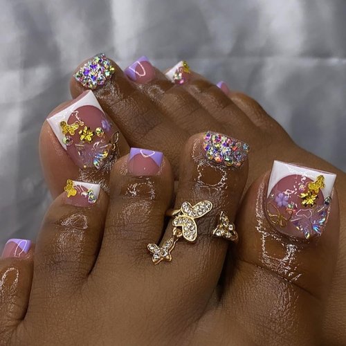 5D French Tip Press on Nails Toes White Glitter Toe Nail Press ons with Shining Butterfly Flower Design Gold Purple Flower Bow Rhinestone Press on Toenails Acrylic Bow Fake Nails for Women Girl 24Pcs