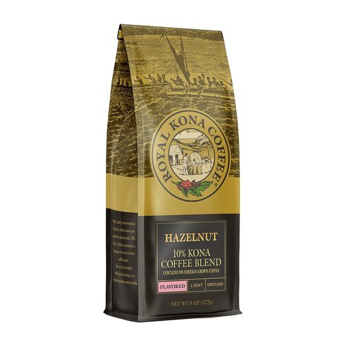 Royal Kona 10% Hawaiian Kona Coffee Blend, Hazelnut Flavor, Light Roast, Ground - 8 Ounce Bag