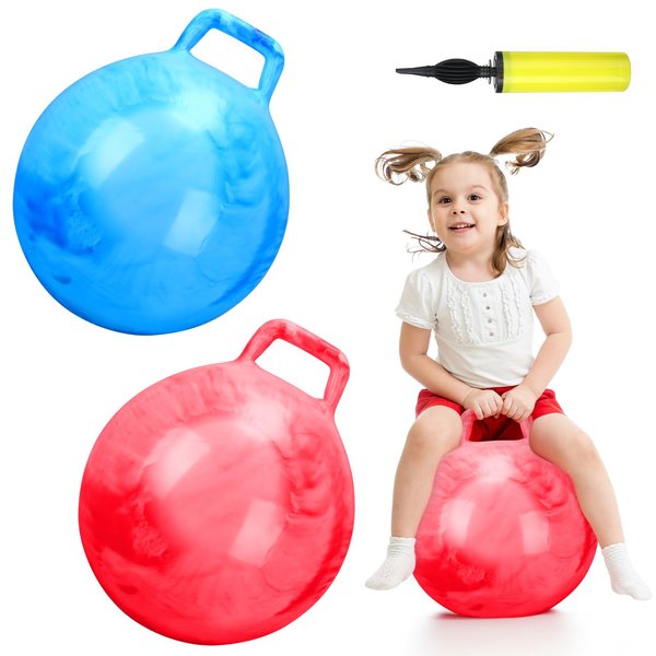Poen 2 Pcs Bouncing Ball with Handle, Hopper Ball Jumping Hopping Ball with Air Pump, Bouncy Ball for Kids Exercise Ball for Boys Girls Gifts Games(22 Inch,Marbled Red, Marbled Blue)