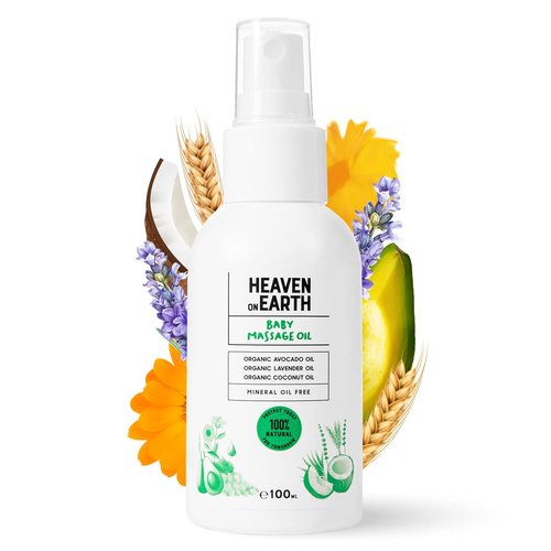 Heaven on Earth Baby Oil for Newborns, Prevent Moisture loss with Enriched with Natural Oils, Lavender Oil, Jojoba Oil, Coconut Oil, Olive Oil Extracts, Paraben, Sulfate, Parfum Free, 4 fl oz.
