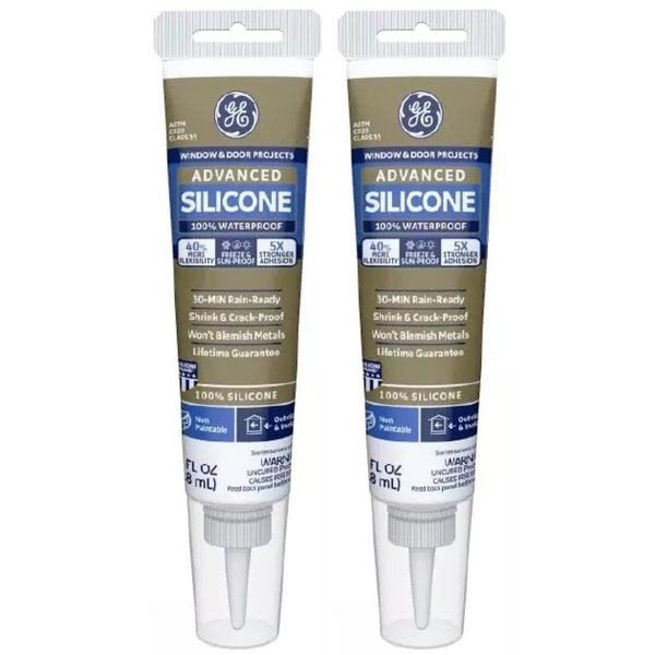 GE GE500 Silicone 2+ Window and Door Caulk 2.8 FL oz. Squeeze Clear (2-(Pack)) (1)