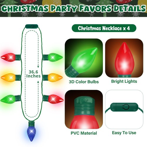 4PCS Light up Christmas Necklace, 7 Bulbs Christmas Necklace Party Supplies, Red Yellow Blue Green Glow Colorful Xmas Necklace, Light Necklace Accessories for Christmas Ugly Sweater New Year Party
