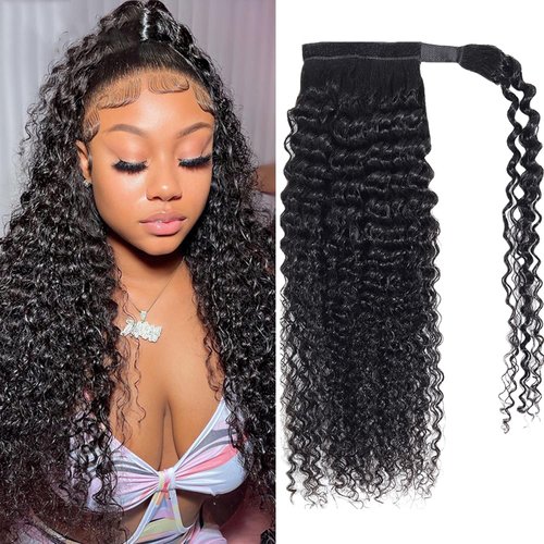 Seelaak Long Curly Magic Paste Wrap Around Ponytail Human Hair Extensions 100% Real Remy Hair Ponytails Human Hair Extensions for Women Natural Black (16 Inch, 125g)