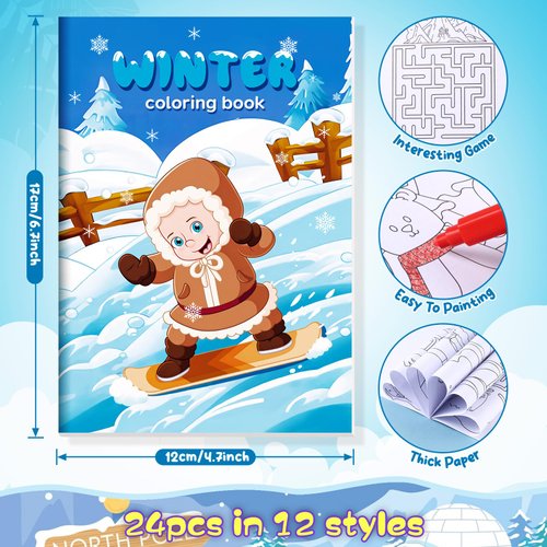 BenLouis 24 Pcs Winter Mini Coloring Books Kids Polar Animals Penguin Party Favors Small Activity Books Bulk for Kids Winter Holiday Theme Birthday Goodie Bags Stuffers Return Gifts Classroom Travel