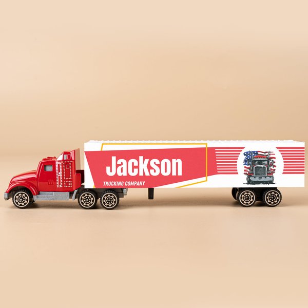 MT WORLD Toy Truck Personalized Semi Truck Toy with Name 1/87 Scale Diecast Model Tonka Container Car Carrier for Boys Teens Birthday