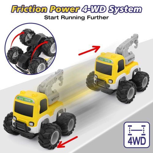 Cars Toy for 18m+ Years Old - Baby Toy Cars for Toddlers Push and Go Friction Powered Construction Truck Toys Plastic Action Vehicle Crane Toy with Playmat Storage Bag for Kids Boys Birthday Gifts