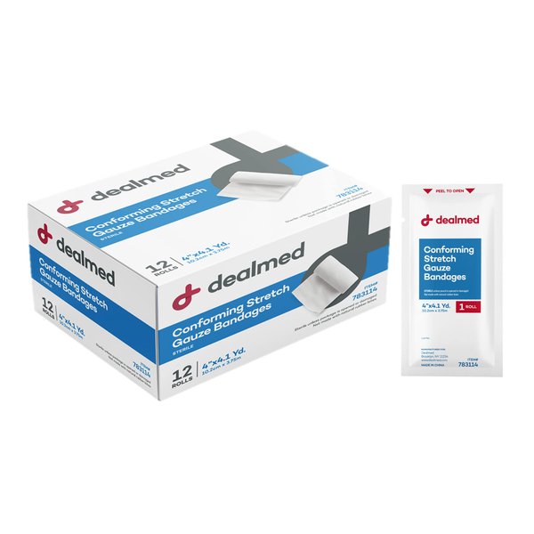 Dealmed 4" Sterile Conforming Stretch Gauze Bandages, 4.1 Yards Latex Free Stretched Dressing Wrap, Medical Non-Adherent Wound Care Mesh Bandages (Box of 12 Rolls)