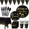 Rainmae New Years Party Supplies, 2025 Black and Gold New Years Disposable Tableware, Including Dinner Plates, Dessert Plates, Napkins, Cups Tablecloth for New Years Eve Party Supplies Decor Serves 20