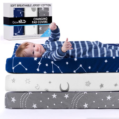 GROW WILD Changing Pad Cover 3 Pack | Soft & Stretchy Jersey Cotton | Baby Changing Table Pad Cover | Diaper Changing Pad Covers for Girls or Boys | Wipeable Sheets | Grey White Navy Blue Stars Moons