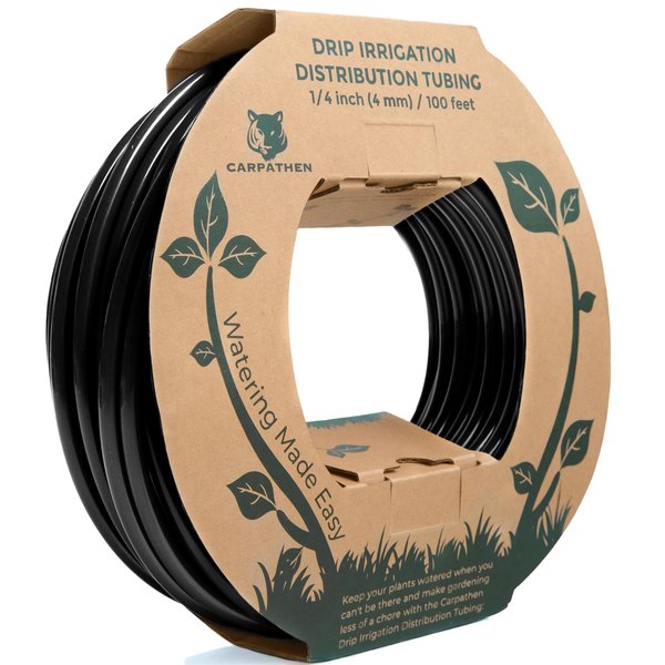 CARPATHEN 1/4 Drip Irrigation Tubing - 100 ft Black Drip Irrigation Hose Perfect for DIY Garden Irrigation System, Hydroponics, Misting Tubing, or as Blank Distribution Tubing for Any Garden Project