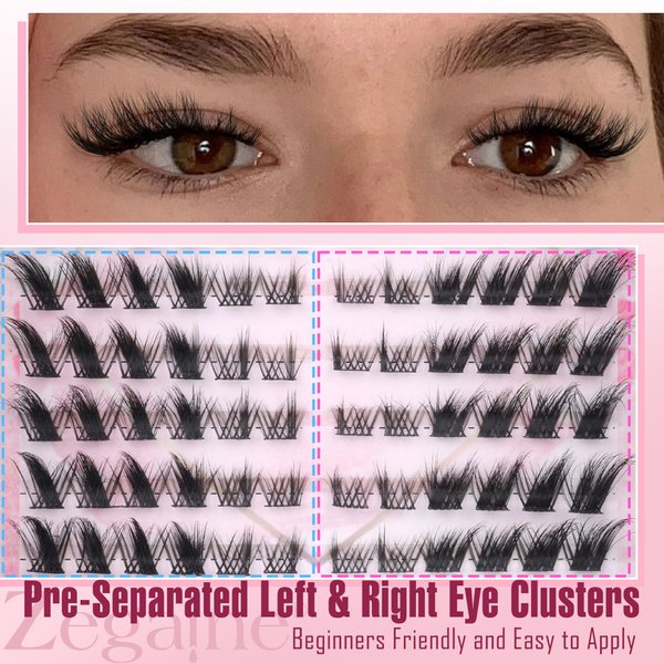 Zegaine Lash Clusters Kit Fluffy Eyelash Extension Cat Eye Lashes Natural Look Left & Right DIY Lash Extension Kit Wispy Fox Eye Eyelash Cluster Kit with Lash Glue, Tweezers, Brushes 132pcs 11 Pairs