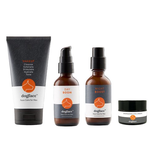 Dogface Men's Complete Combo- Wakeup Gel Daily Face Wash to Exfoliate, Hydrate & Tone Skin, Day Boom Moisturizer, Night Boost Night Cream Retinol Serum, Eye Cream