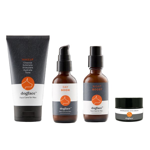 Dogface Men's Complete Combo- Wakeup Gel Daily Face Wash to Exfoliate, Hydrate & Tone Skin, Day Boom Moisturizer, Night Boost Night Cream Retinol Serum, Eye Cream