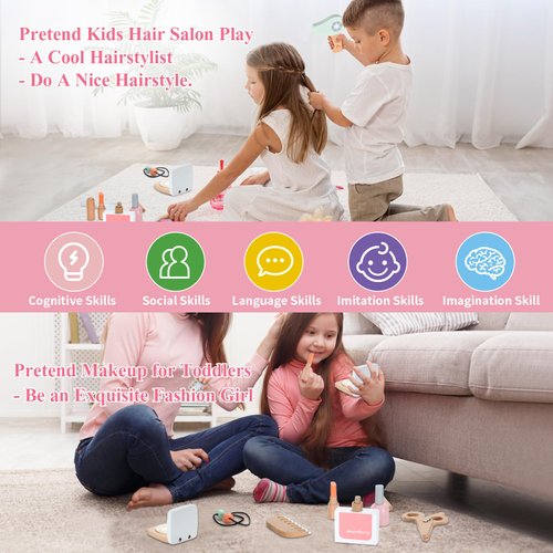 Ehome Wooden Makeup Toy Set, Wooden Salon Toys Toddler Pretend Makeup Kit for Little Girls Princess Gift Wood Play Make Up Beauty Set Toys for Girls Age 3 - 9 Birthday Christmas
